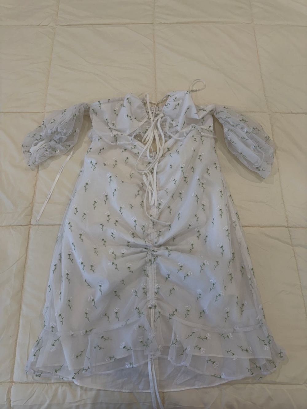 For Love & Lemons White Mini Dress with Green Floral Print